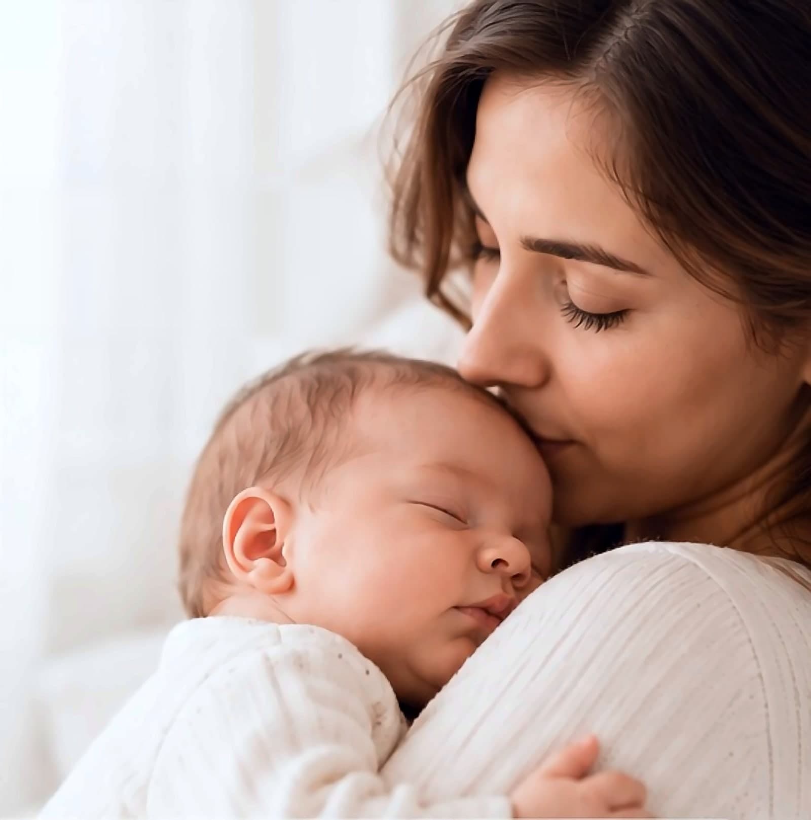 Mãe beijando a cabeça do bebê, que dorme tranquilo no colo